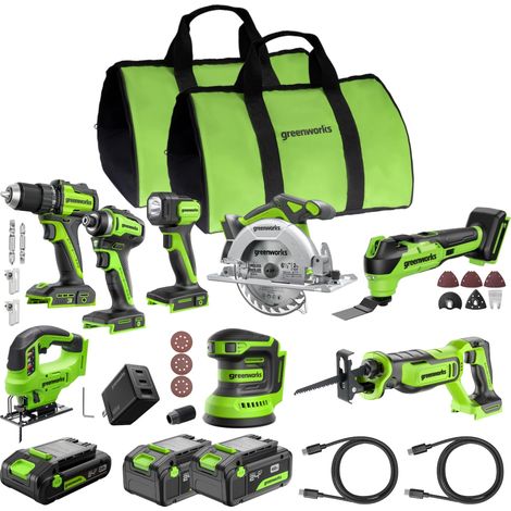Kit 8 outils sans fil : perceuse-visseuse, visseuse à chocs, scie circulaire, scie sabre, scie sauteuse, multi-outil, ponceuse, lampe batterie 4,0Ah + 2×2,0Ah chargeur rapide 65W (1/5)