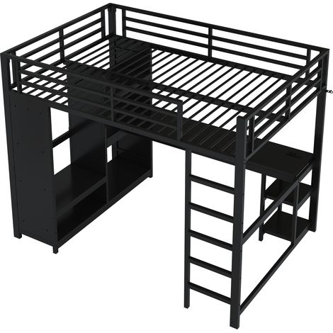 Lit mezzanine gaming en métal 140x200 avec LED, bureau, dressing ouvert et compartiments de rangement, noir (1/5)