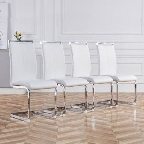 Liberté – Lot de 4 chaises cantilever – Structure en métal chromé – Rembourrage doux en simili cuir blanc – Hauteur d'assise 46 cm (1/5)