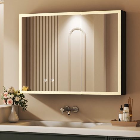 LED Spiegelschrank mit Beleuchtung 80x60cm Aluminium LED Spiegelschrank Bad mit Beleuchtung Badezimmerschrank, Badschrank Hängeschränke Spiegel Kabinett mit 3-Farben Dimmbar, Beschlagfrei