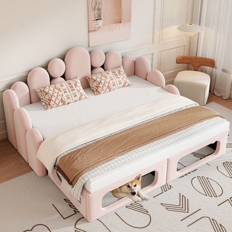 Schlafsofa mit Haustierbett 180x200 cm, 2-in-1 Multifunktionales Polsterbett aus weichem Samt mit Lattenrost und Rückenlehne, Rosa (1/5)