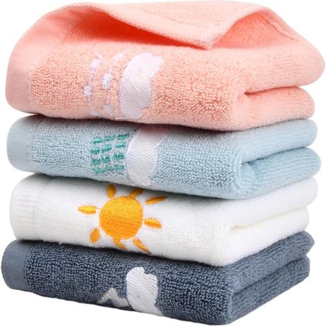 Juego de 4 toallas bordadas, toallas infantiles, toallas de baño de algodón con estampados de dibujos animados y toallas de baño suaves para bebés (rosa, amarillo, verde y gris oscuro). (1/5)