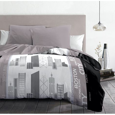 Couvre-lit microfibre 220x240 cm – Housse de couette et 2 taies 63x63 cm – Gris – Fermeture zippée pour un usage facile (1/5)