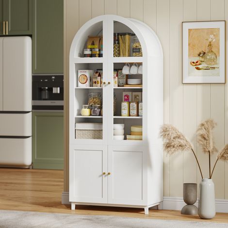 Armoire de Cuisine Vaisselier Vitrine 4 Portes 2 Acrylique Étagères Réglables 78x40x180cm Blanc