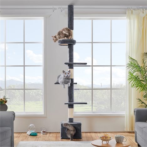 Yaheetech Albero per Gatti a Soffitto Regolabile in Altezza Tiragraffi a Torre per Gatti dal Pavimento al Soffitto con Grotta Trespolo Pallina Appesa 226-265,5 cm di Altezza Grigio Scuro (1/5)
