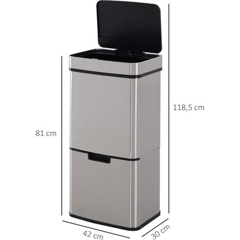 Poubelle automatique 47 L + 2 x 12,5 L avec détecteur de mouvement, système de tri des déchets étanche en acier inoxydable pour la cuisine, argent (1/5)