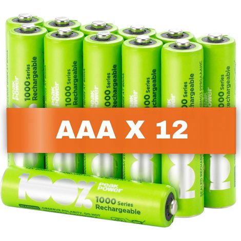 Piles Rechargeables AAA - Lot de 12 Piles 100% PeakPower Batteries AAA LR3 Rechargeables 1.2v Minh 800 mAh - Pré-Chargées Haute capacité (1/5)