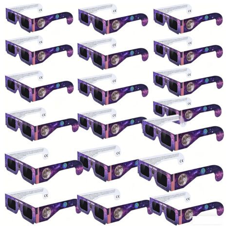 Lunettes d'observation d'éclipse solaire 2026, protection sûre pour observation directe du soleil, design ciel étoilé violet et lune, lot de 20. (1/3)