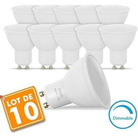 Lot de 10 ampoules LED GU10 7W dimmablesTempérature de couleur 6000KAngle 110°Lumens 556Compatible variateur LED (1/5)
