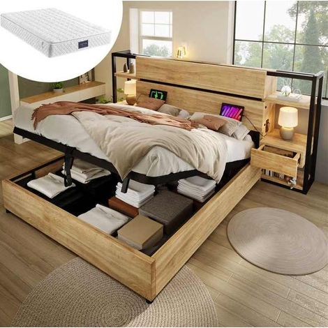 Doppelbett (240x222x110 cm), mit Stauraum, Ladestation, Matratze inklusive, MDF und Metall, Eiche (1/5)