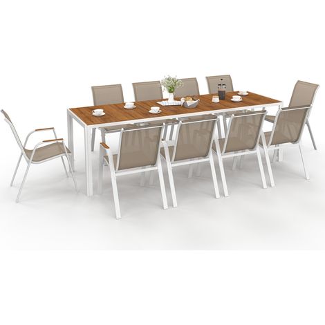 Gartenmöbel NOUMEA Tisch 240 cm Platte aus gehärtetem Glas in Holzoptik und 10 stapelbare Stühle weiß und Holz