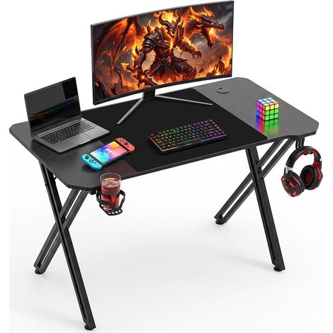 TolleTour Gaming Schreibtisch 120x60 cm X-Form Computertisch Carbon-Optik Mauspad Schwarz (1/5)