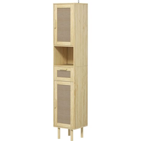 Meuble salle de bain colonne rangement salle de bain avec portes en rotin tiroir 2 placards 32 x 30 x 170 cm chêne