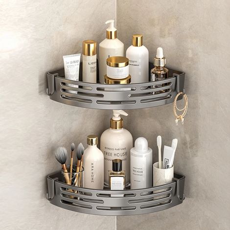 Étagère d'angle de salle de bain moderne (Gris) avec support auto-adhésif pour ranger cosmétiques et produits de toilette. Idée cadeau Saint-Valentin. Décoration intérieure. (1/5)