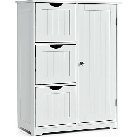 Meuble bas blanc en MDF avec 3 tiroirs, 1 placard, étagère réglable et fixation anti-basculement pour salle de bain et chambre (1/5)