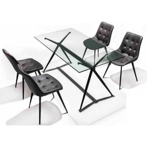 Table de repas en verre trempé et piétement acier noir Athena-Longueur 140 cm (1/4)