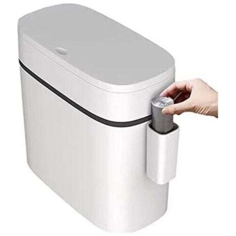 Poubelle en plastique ultra fine avec couvercle, poubelle rectangulaire à pression pour salle de bain, chambre, cuisine et bureau, blanche (12 litres) (1/5)