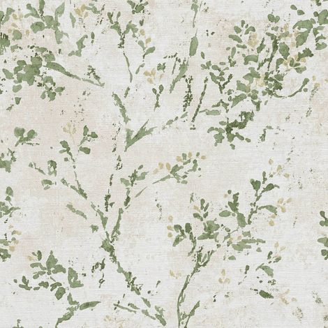 Empapelado estilo country Profhome 396504 papel pintado vinílico estampado en caliente tejido non tejido ligeramente texturado con ornamentos florales mate beige verde oro 5,33 m2