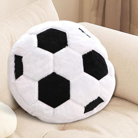 Cojín mullido con forma de balón de fútbol (35 cm) - Cojín deportivo blanco y negro para habitaciones infantiles, sofá y dormitorio.
