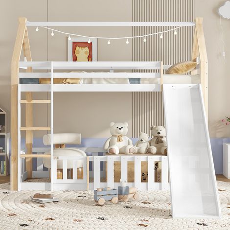 Lit superposé pour enfants 90x200 cm, avec design de toit élégant, toboggan pour enfants et barrières, en pin + MDF + contreplaqué, blanc + couleur naturelle (1/5)