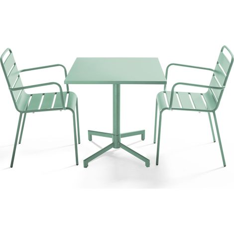 Ensemble table 70 cm et 2 fauteuils de jardin en métal vert sauge - Palavas (1/5)