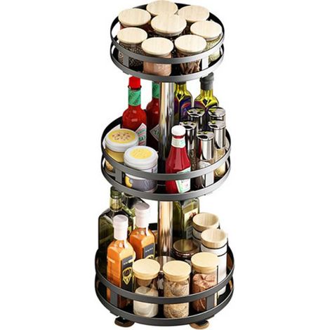 BAKAJI Supporto Dispenser Contenitore Portaspezie Cucina in Metallo con 3 Ripiani a Cesto Girevoli a 360 Gradi Regolabili in Altezza Accessori Salvaspazio Casa Cucina Design Moderno (Rotondo) (1/5)