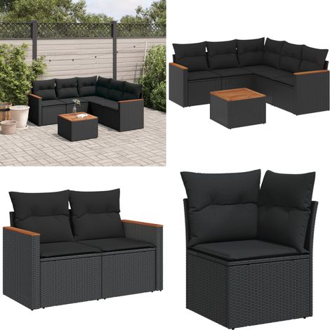 Salon de jardin 6 pcs avec coussins noir résine tressée - Ensemble Salon De Jardin - Mobilier Extérieur - Jardin Design - Chaise Lounge - Table Basse - Home & Living (1/5)