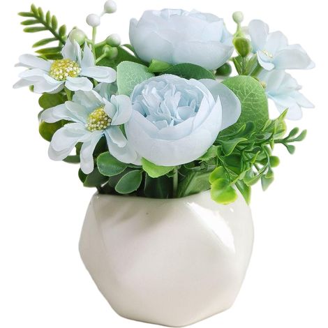 Bouquet de fleurs artificielles, fleurs en plastique longue durée, pot géométrique décoratif + pivoine bleue (1/2)