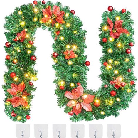 Guirlande Sapin Artificiel 2.7M,Guirlande de Noël Sapin avec LED,Couronne de Noël Porte avec 6 Crochets,pour Décor Porte Cheminée Escaliers Fête,Intérieure Extérieure (rouge)