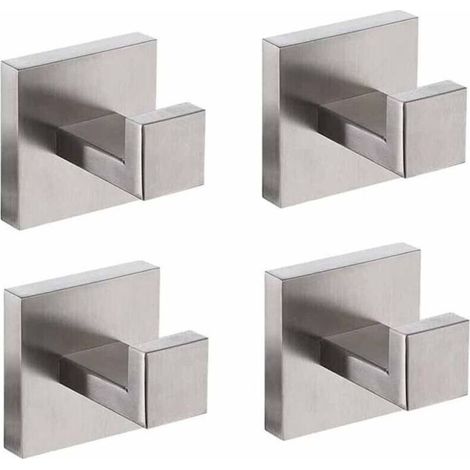 Lot de 4 Crochets Muraux en Acier Inoxydable Brossé, Design Carré Moderne, Patères Robustes pour Serviettes et Peignoirs, Installation Adhésive ou à Vis pour Salle de Bain et Cuisine