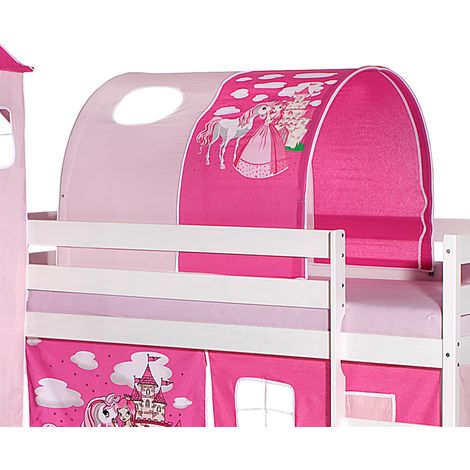 Tunnel tente pour lit surélevé superposé mi-hauteur mezzanine tissu coton motif princesse rose