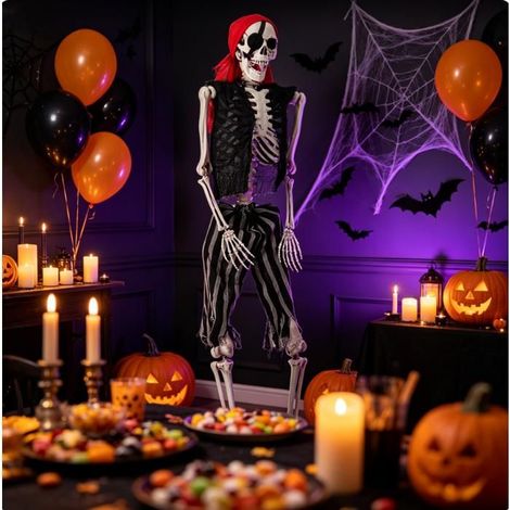 Squelette Humain Grandeur Nature 165 cm - Squelette Pirate à Articulations Ajustables, Très Réaliste, Halloween (1/5)