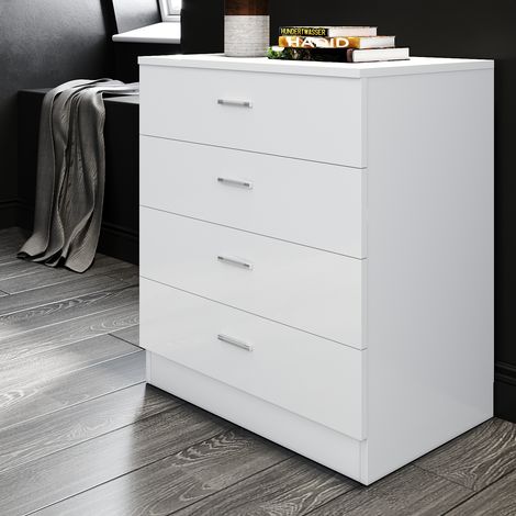 ELEGANT Nightstand High Gloss Chest of 4 Drawers with Metal Handles for Bedroom White (1/5)