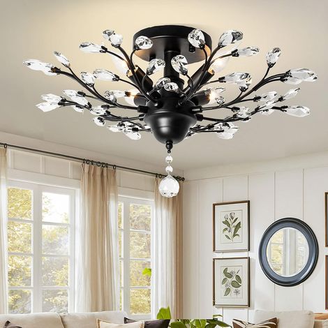 Ganeed Vintage K9 Clear Crystal Chandeliers,Ceiling Lighting,Pendant Lighting Flush Mounted Fixture with 4 Light for Living Room Dinning Room Restaurant Porch Hallway (Black) (1/5)