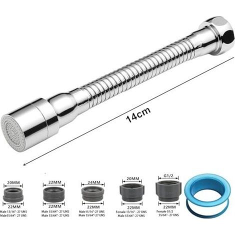 Rallonge flexible pour robinet de 14 cm, accessoire de robinet à 2 modes, accessoire de robinet rotatif à 360 degrés, aérateurs pour robinets (1/4)