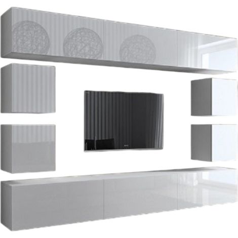 Ensemble de meubles de salon blanc suspendus collection CEPTO XVII 249cm, 10 meubles, leds, modulables.