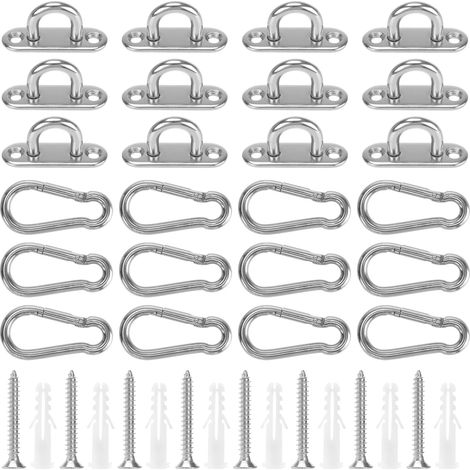 Lot de 12 Crochets de Plafond à Visser M5 en Inox avec Œillet et Mousqueton, Fixations pour Voile d'Ombrage, Charge 50 kg, avec Vis et Chevilles (1/5)