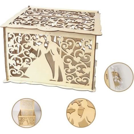 1 Boîte à cartes, Bois de peuplier, Serrure en métal, Finition lisse, Décoration mariage (1/4)