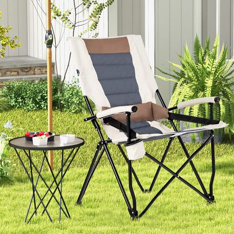 Chaise de Camping Pliante avec Dossier Haut Coussin Lombaire Charge 150KG Fauteuil de Camping pour Plage Pêche Pique-Nique Marron+Beige (1/3)