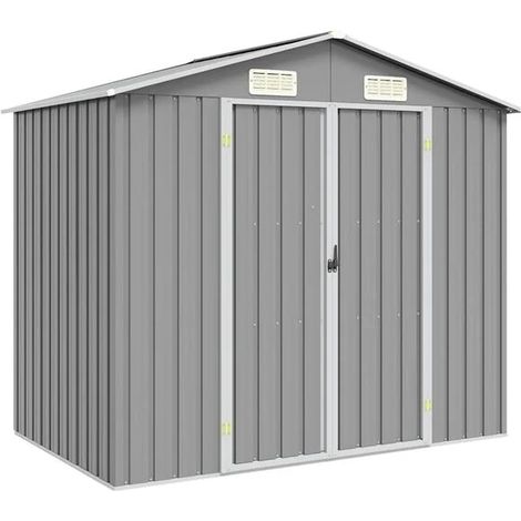 Cabane de jardin grise, dimensions 205x129x183 cm, en métal galvanisé.
