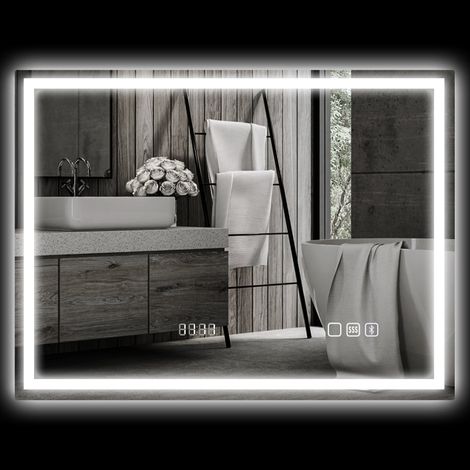 LED-Badspiegel 80 x 60 cm mit Beleuchtung, Bluetooth-Musikfunktion, Uhr, Memory-Funktion, 3 Lichtfarben, beschlagfrei, Touchschalter, Silber