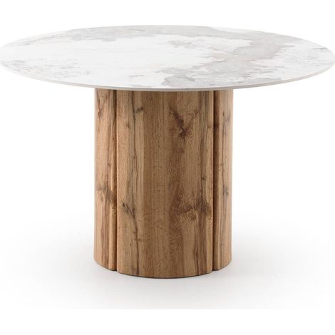 Mesa comedor redonda 120 diam. mdf en roble con sobre ceramico marmol calacatta gold (1/4)
