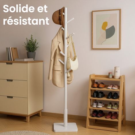 Portemanteau sur Pied en Bois Massif avec 8 Crochets pour Manteaux, Chapeaux et Sacs, pour Entrée et Couloir, Blanc (1/5)