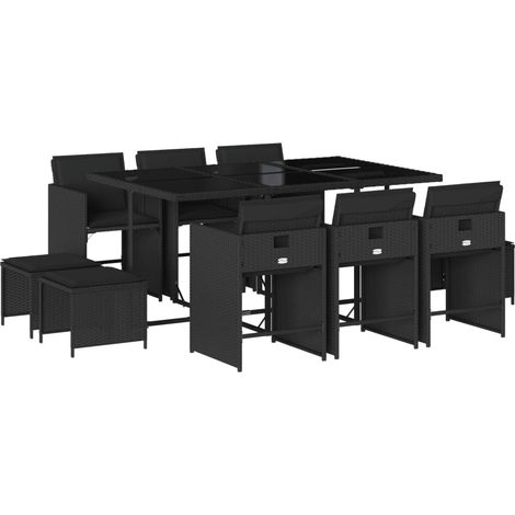 vidaXL Set da Pranzo da Giardino 11 pz con Cuscini in Polyrattan Nero (1/5)