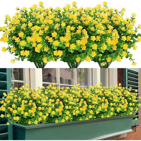 Fleurs artificielles - Eucalyptus à fleurs jaunes - plastique - lot de 8 - résistant aux UV - pour décoration intérieure et extérieure (maison, bureau, jardin, mariage) (jaune) (1/5)