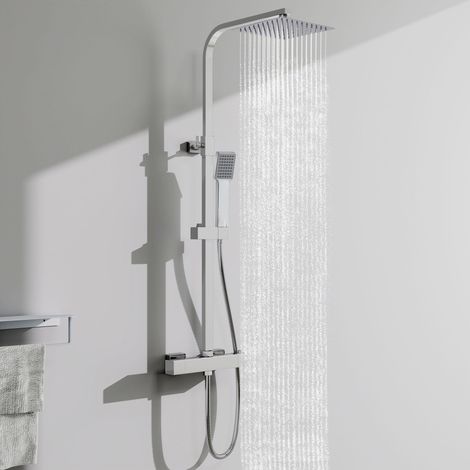 Aica Sanitaire – Colonne de douche thermostatique – Mitigeur en laiton – Douche de tête 20x20cm – Réglable 725-1175 mm – Anti-brûlure-Finition chromée (1/5)