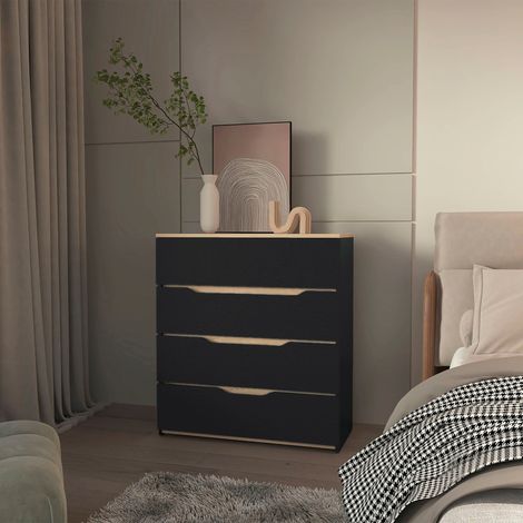 Comoda Zoe en melamina, cuatro cajones con rieles metalicos - Negro/ miel (1/5)