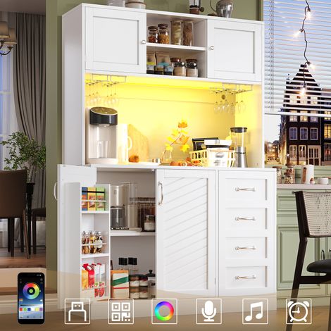 Buffet de cuisine 120 x 40 x 188 cm avec éclairage LED, étagère à snacks & porte-gobelets, 4 portes + 2 grands tiroirs, vert/noir/blanc (1/4)