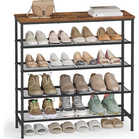 Banc à Chaussures, Étagère à Chaussures, pour Entrée, Salon, Chambre, Structure en Métal, 5 Niveaux, 30 x 75 x 87 cm, pour 18 à 24 Paires, Marron Rustique et Noir d'encre LBS050KD01 (1/5)