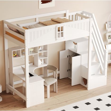 MEUBLIV Cama alta 90x200 cm blanca – escalera reversible, sin colchón (1/5)